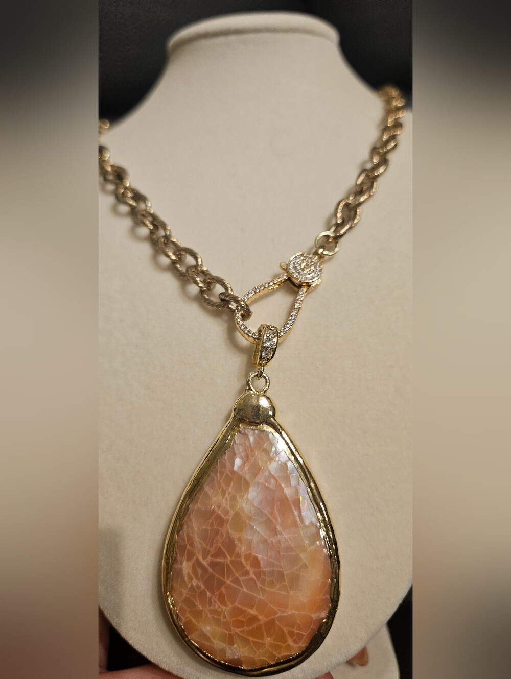 Gold-Tone Necklace with Pink Faceted Shell Teardrop Enhancer